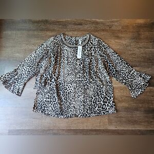 NWT NY Collection Cheetah Print Rhinestone Collared Plus Sized Blouse 3X